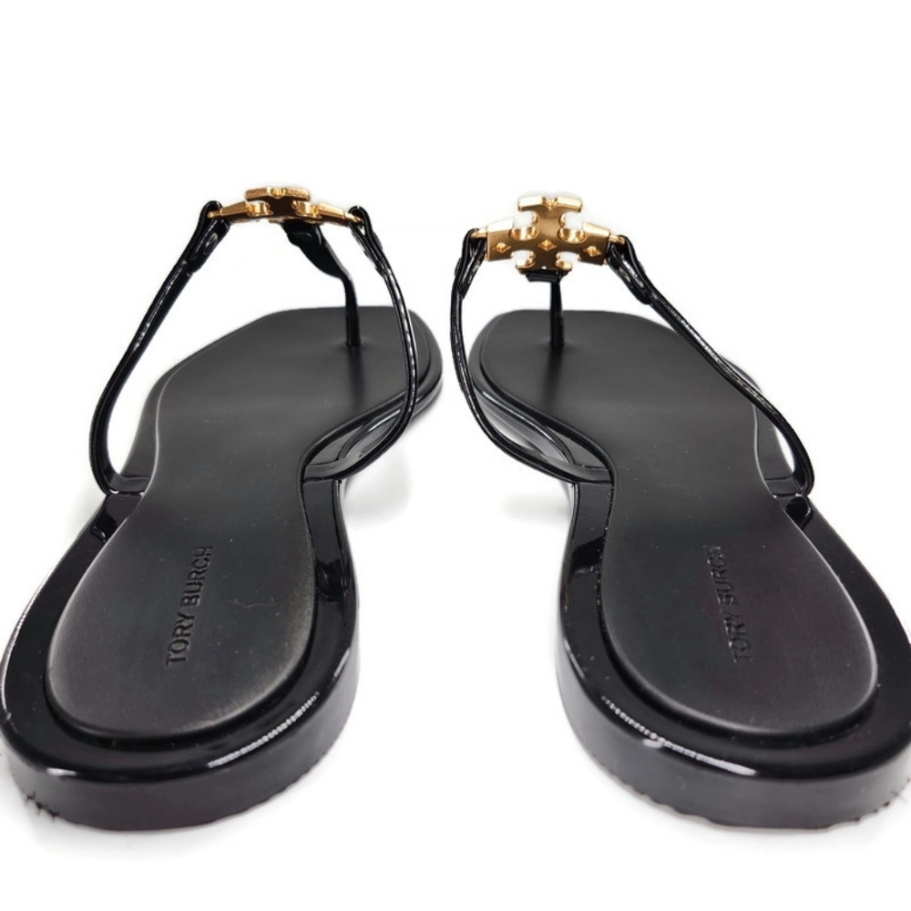 Tory Burch Roxanne Black Jelly Gold Double T Logo T-Strap Slide-On Thong Sandals - Picture 4 of 9